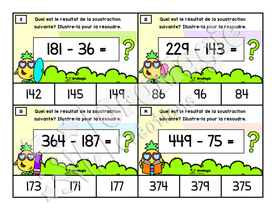 Cartes à tâches - Soustractions aux ananas - Soustractions de nombres à 3 chiffres avec emprunts
