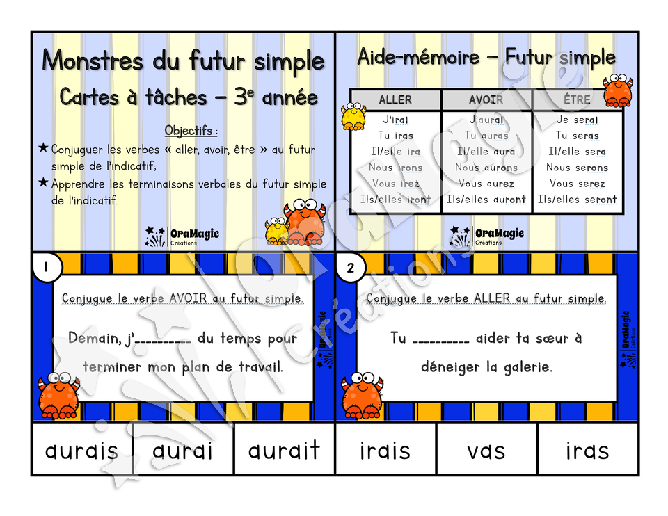 Cartes à tâches - Monstres du futur simple verbes avoir-être-aller - 3e année primaire.pdf