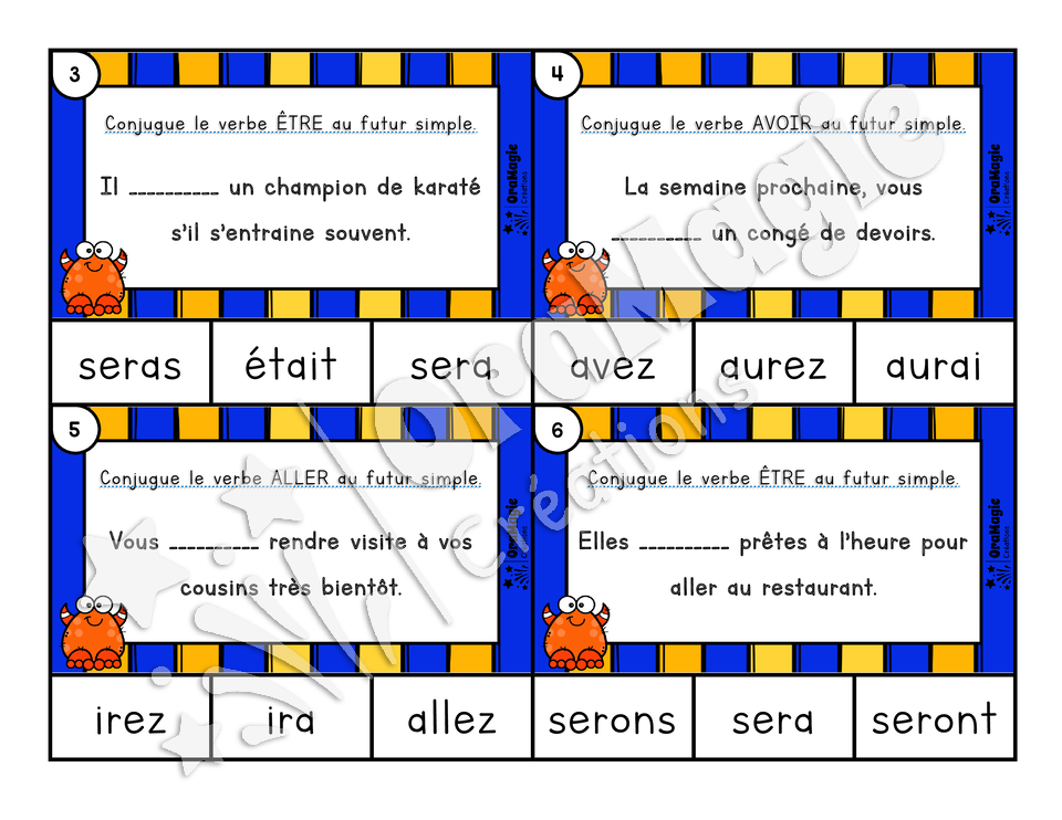 Cartes à tâches - Monstres du futur simple - Verbes aller, avoir, être