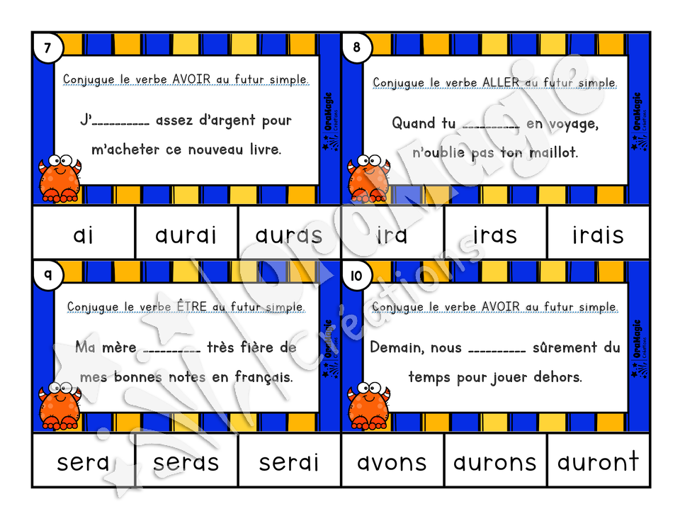 Cartes à tâches - Monstres du futur simple - Verbes aller, avoir, être