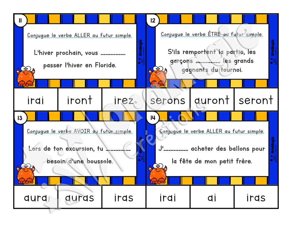 Cartes à tâches - Monstres du futur simple - Verbes aller, avoir, être