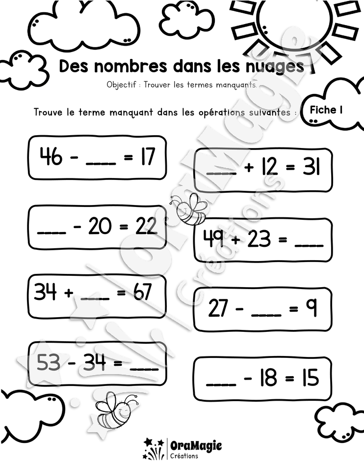 Des nombres dans les nuages - 3 fiches corrigé - Terme manquant - 2e année - 2$.pdf