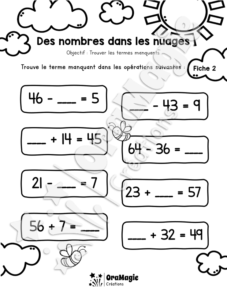 Des nombres dans les nuages - Terme manquant - 2e année