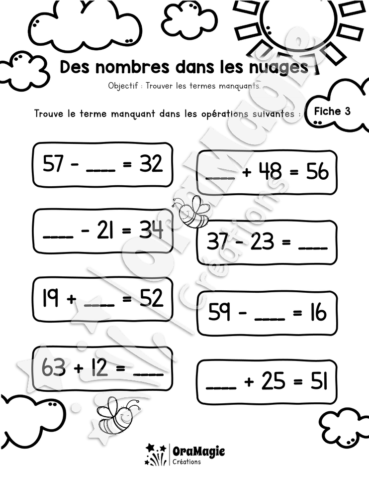 Des nombres dans les nuages - Terme manquant - 2e année