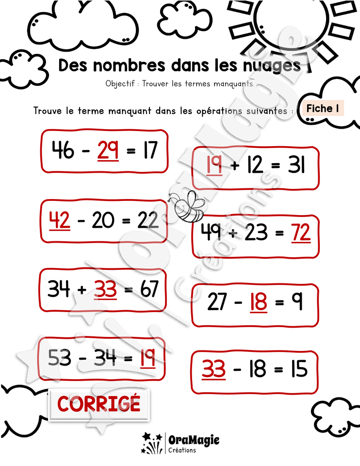 Des nombres dans les nuages - Terme manquant - 2e année