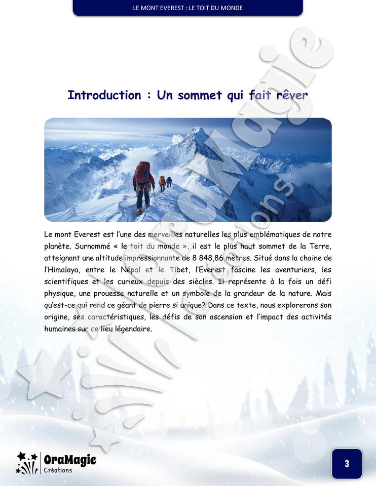 Le mont Everest - Compréhension lecture 6e année - Texte courant - Préparation examen ministère