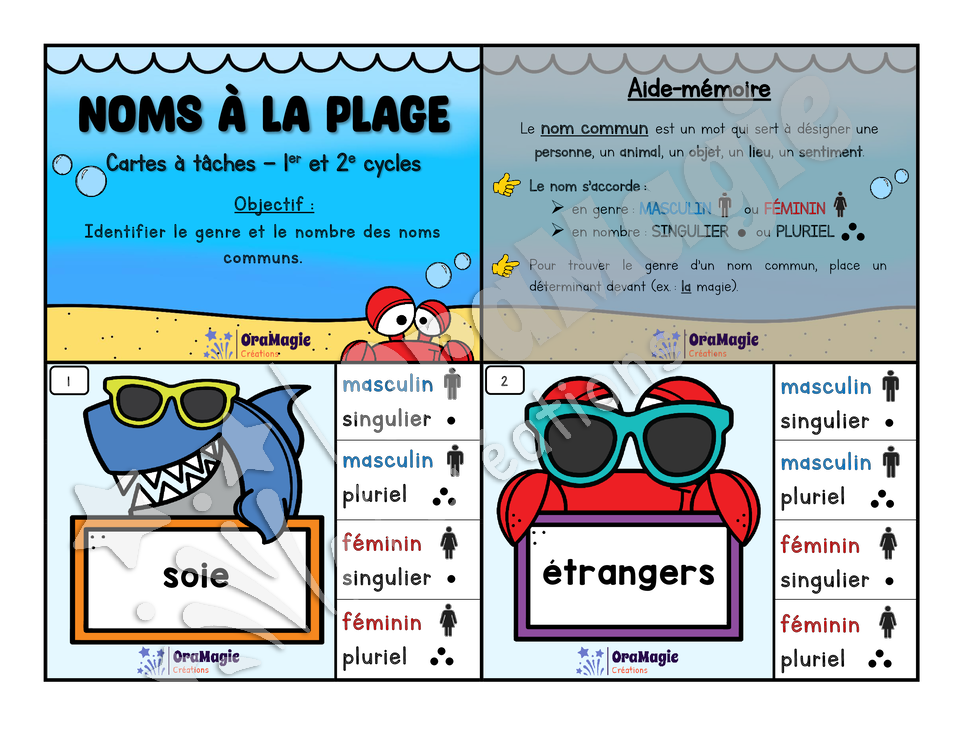 Cartes à tâches - Noms à la plage - Genre et nombre des noms - 1er et 2e cycles - 4$.pdf