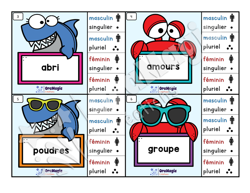 Cartes à tâches - Noms à la plage - Genre et nombre des noms