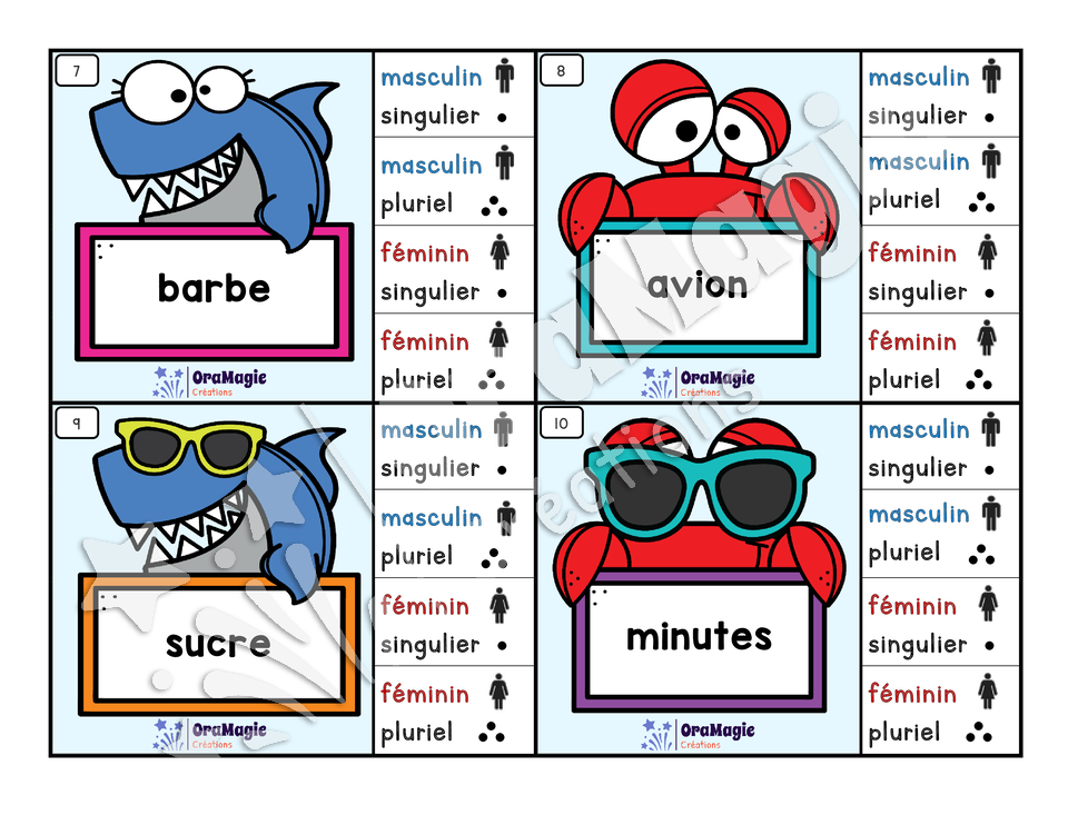 Cartes à tâches - Noms à la plage - Genre et nombre des noms