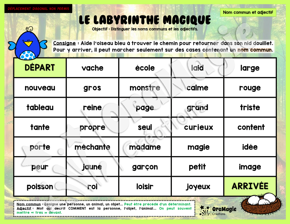 Le labyrinthe magique des noms communs et adjectifs - Thème été
