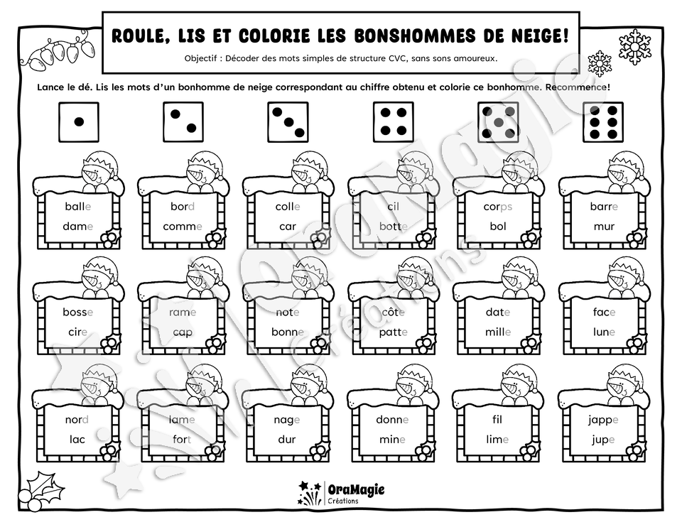 Roule, lis et colorie les bonshommes de neige - Décodage de mots simples de structure CVC, sans sons amoureux - Noël, 1re année, langage écrit.pdf