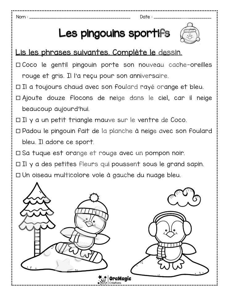 Compréhension de lecture - Lis et colorie - Les pingouins sportifs - 2e année - 2$.pdf