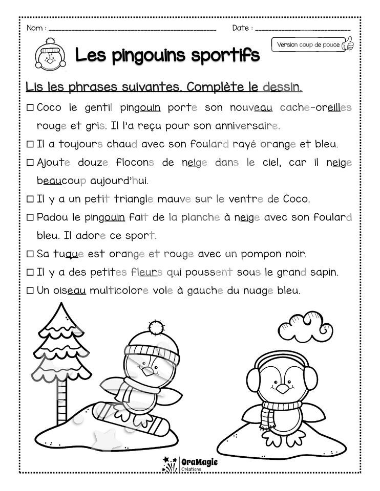 Compréhension de lecture - Lis et colorie - Les pingouins sportifs