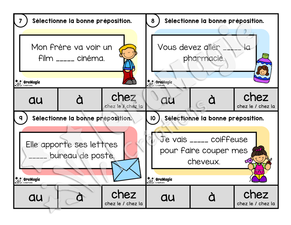 Cartes à tâches - CHEZ le dentiste - Prépositions à-au-chez