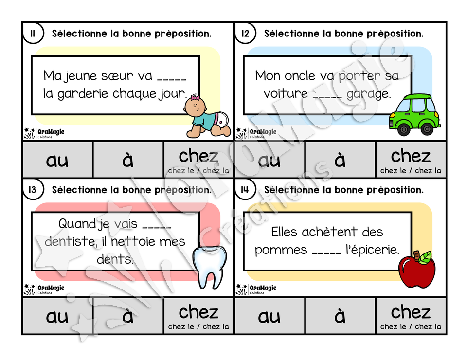 Cartes à tâches - CHEZ le dentiste - Prépositions à-au-chez