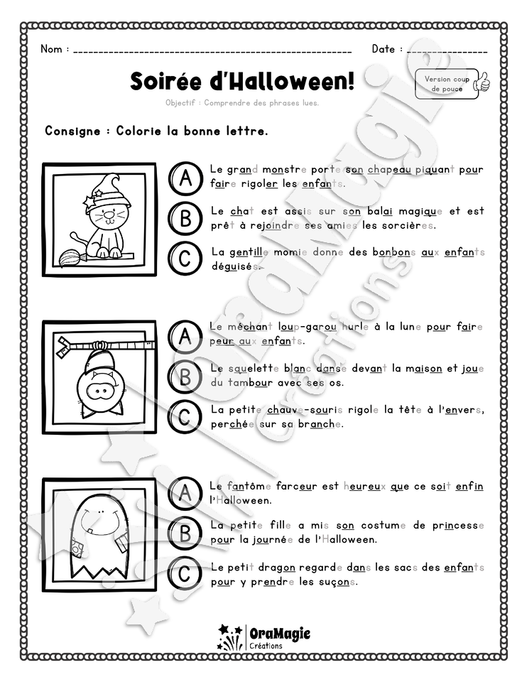 Compréhension de lecture - Trouve la bonne phrase - Soirée d'Halloween - 2e année