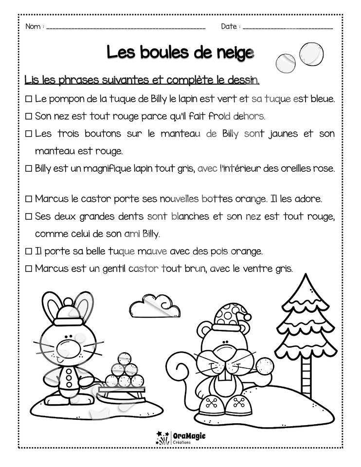 Compréhension de lecture - Lis et colorie - Les boules de neige - 2e année - 2$.pdf