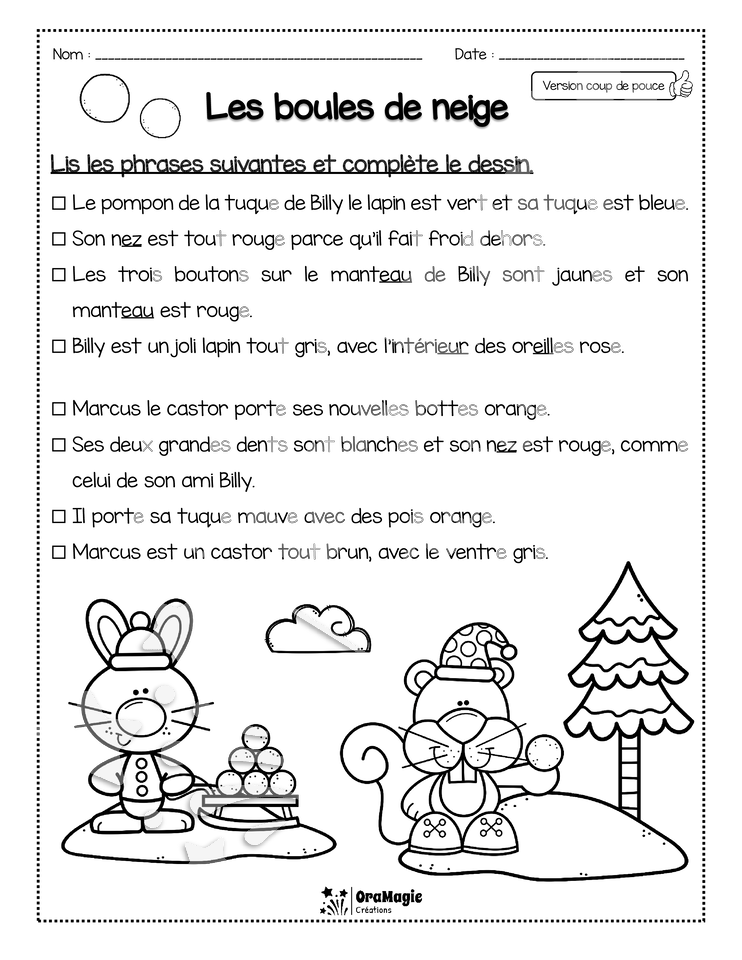 Compréhension de lecture - Lis et colorie - Les boules de neige