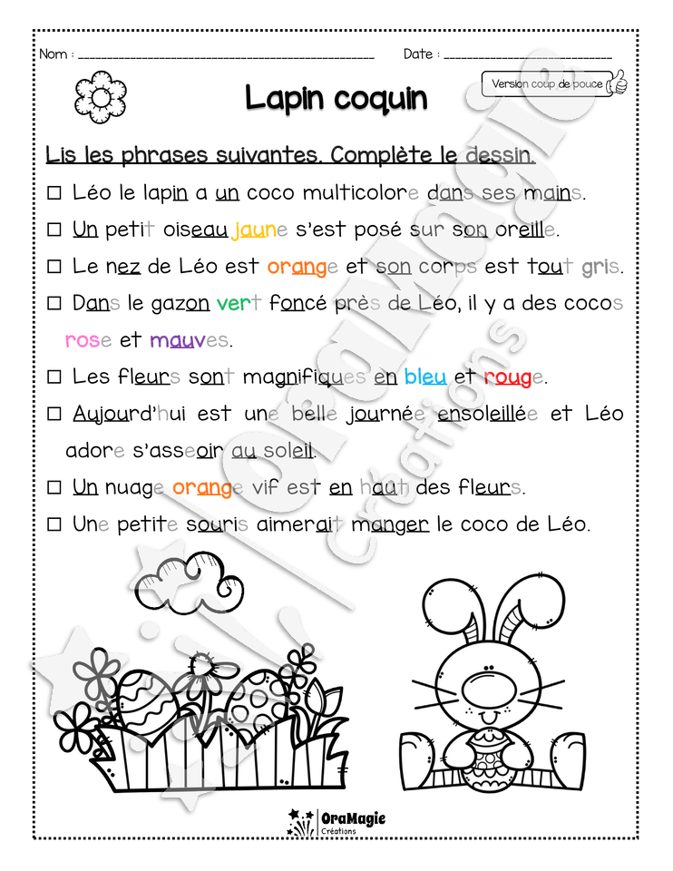 Compréhension de lecture - Lis et colorie - Lapin coquin