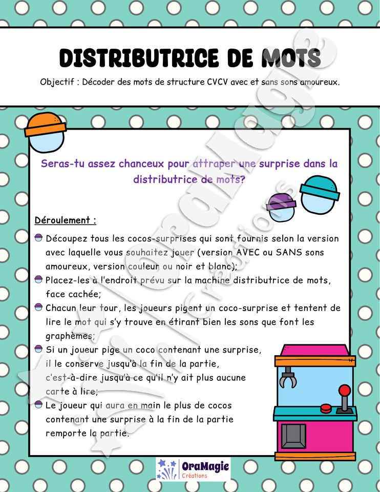 Distributrice de mots - Décodage mots structure CVCV avec et sans sons amoureux - 1re année.pdf
