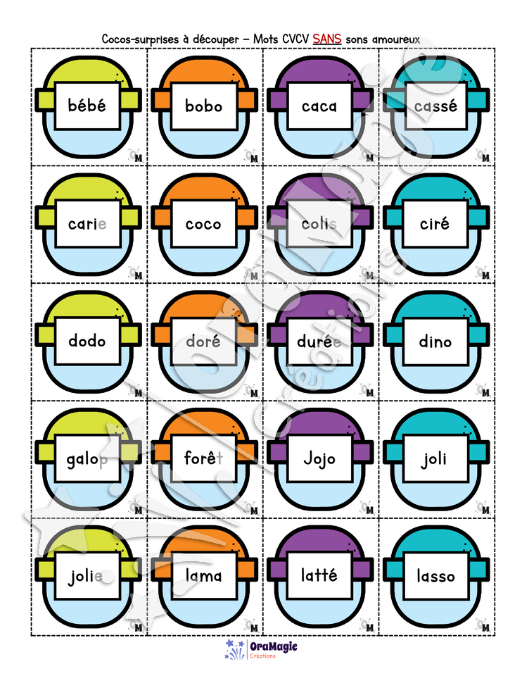 Distributrice de mots - Décodage mots structure CVCV avec et sans sons amoureux