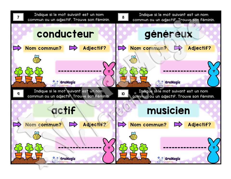 Cartes à tâches - Mets au féminin - Règles de formation du féminin noms et adjectifs