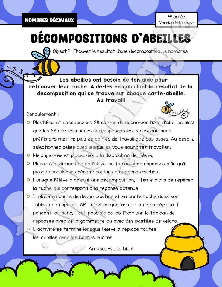 Décompositions d'abeilles - 4e année - Nombres décimaux - Version NB dispo - 5$.pdf