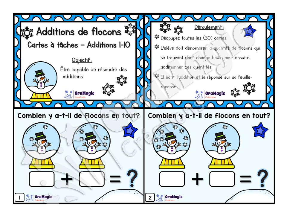 Cartes à tâches - Les additions 0 à 10 - Flocons de neige - 1er cycle - Mathématiques - 5$.pdf