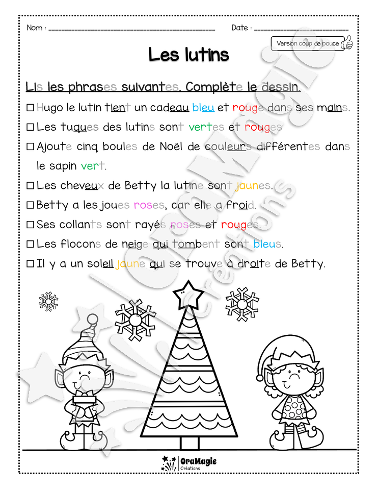 Compréhension de lecture Noël - Lis et colorie - Les lutins