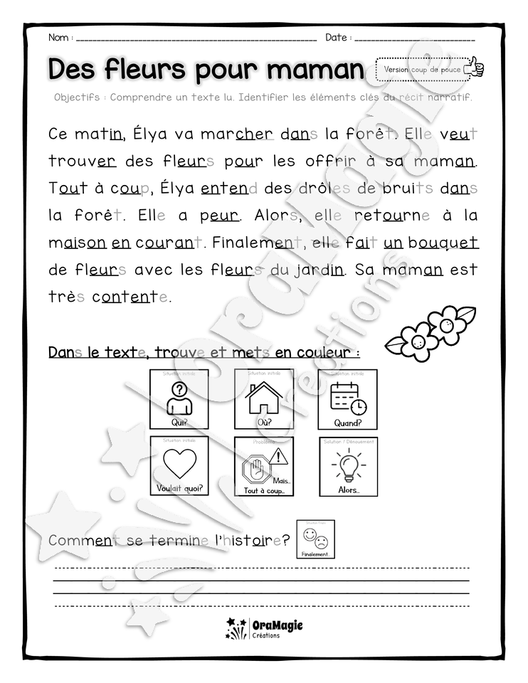 Compréhension de lecture et du récit - Des fleurs pour maman