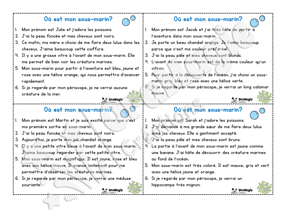 Des sous-marins colorés - Compréhension de lecture