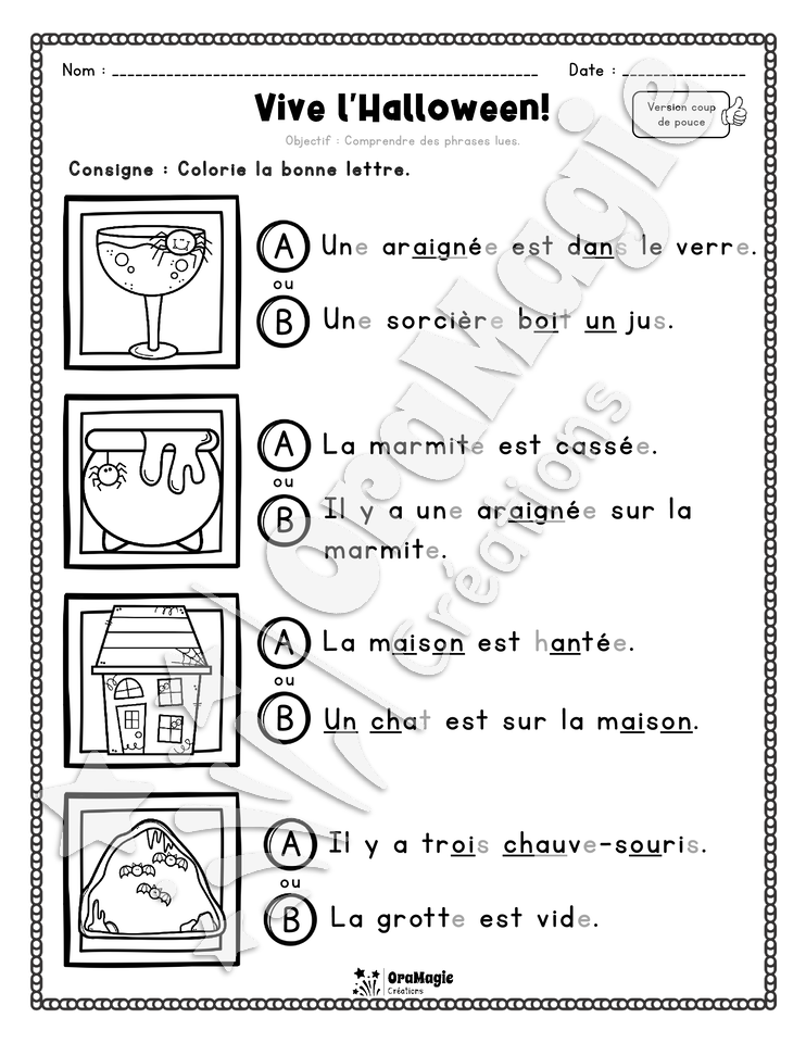 Compréhension de lecture - Trouve la bonne phrase - Vive l'Halloween - 1re année