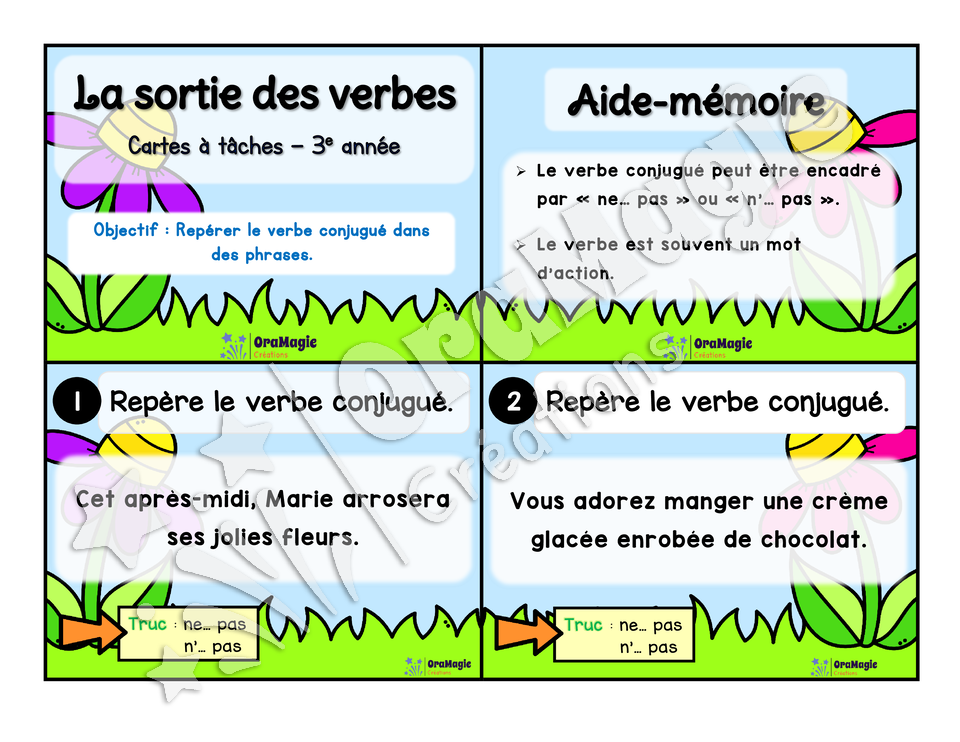 Cartes à tâches - La sortie des verbes  - Repérer le verbe conjugué dans une phrase - 3e année.pdf