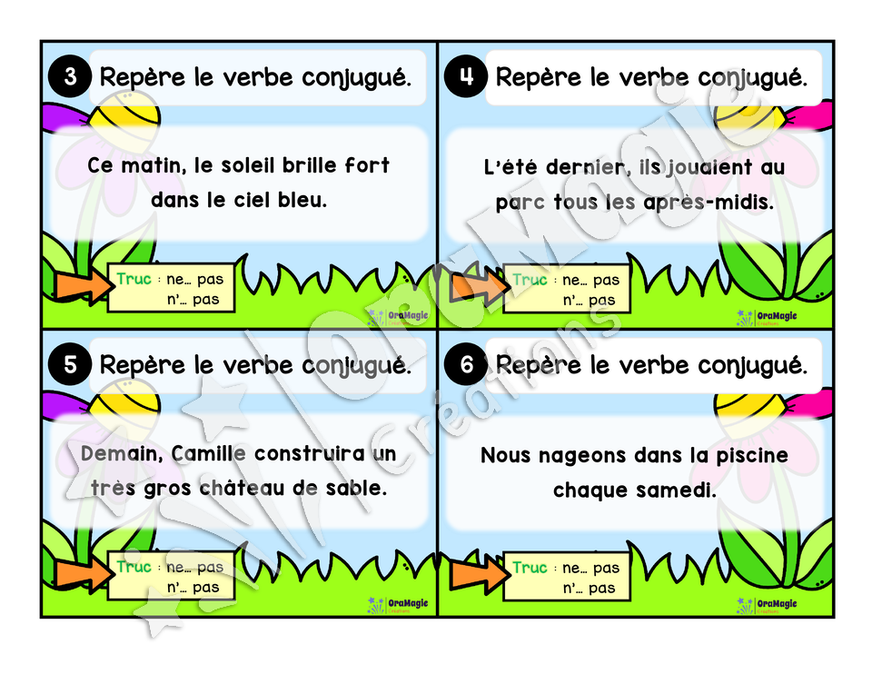 Cartes à tâches - La sortie des verbes - Repérer le verbe conjugué dans une phrase - 3e année