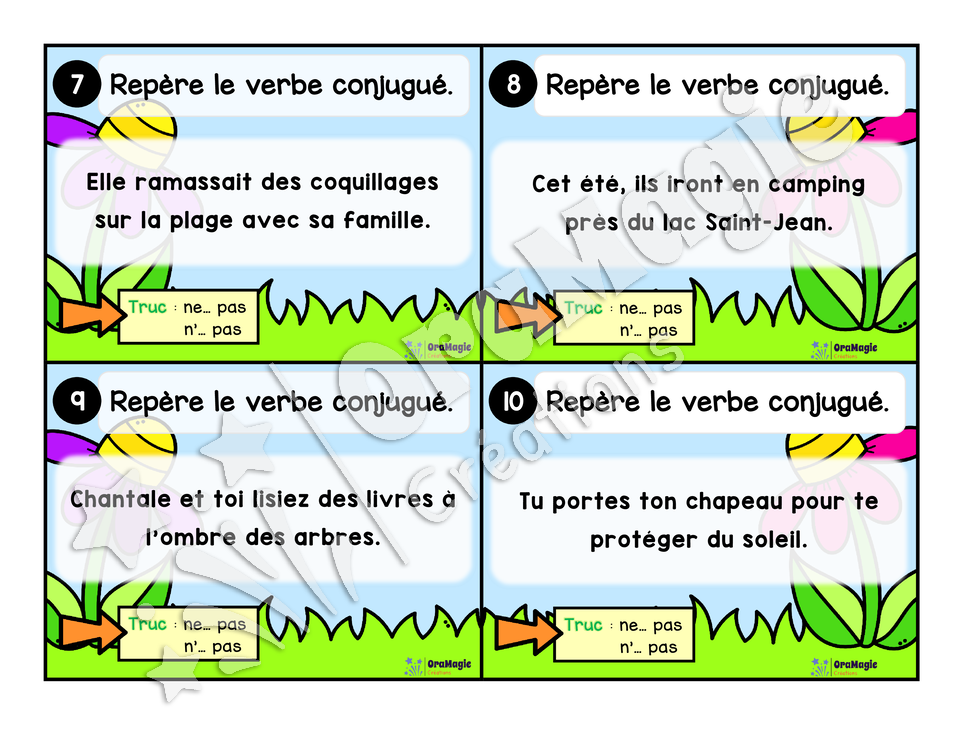 Cartes à tâches - La sortie des verbes - Repérer le verbe conjugué dans une phrase - 3e année