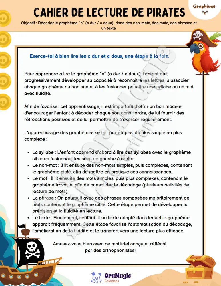 Cahier de lecture de pirates - Graphème C (c dur-doux) - Produit numérique
