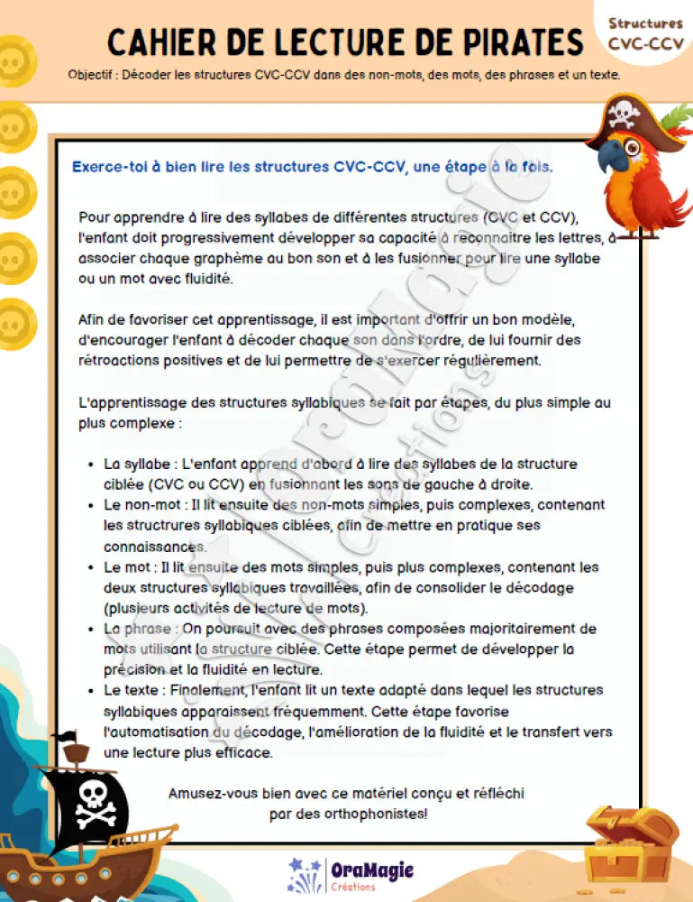 Cahier de lecture de pirates - Structures CVC-CCV - Produit numérique