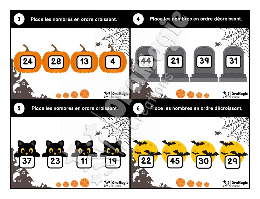 Cartes à tâches - De l’ordre à l’Halloween - Ordre croissant et décroissant - 10-100 - 2e année - Produit numérique