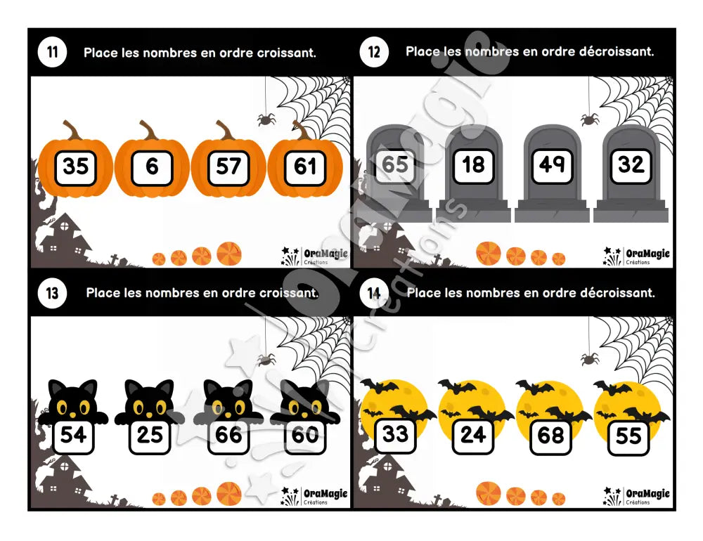 Cartes à tâches - De l’ordre à l’Halloween - Ordre croissant et décroissant - 10-100 - 2e année - Produit numérique
