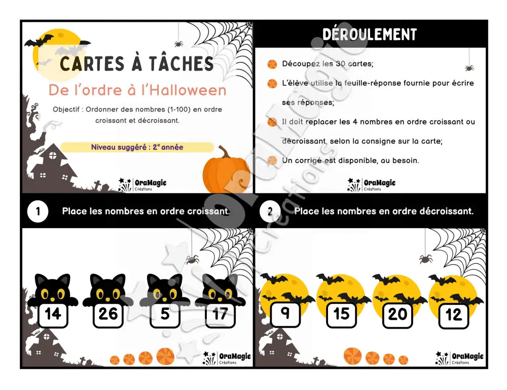 Cartes à tâches - De l’ordre à l’Halloween - Ordre croissant et décroissant - 10-100 - 2e année - Produit numérique