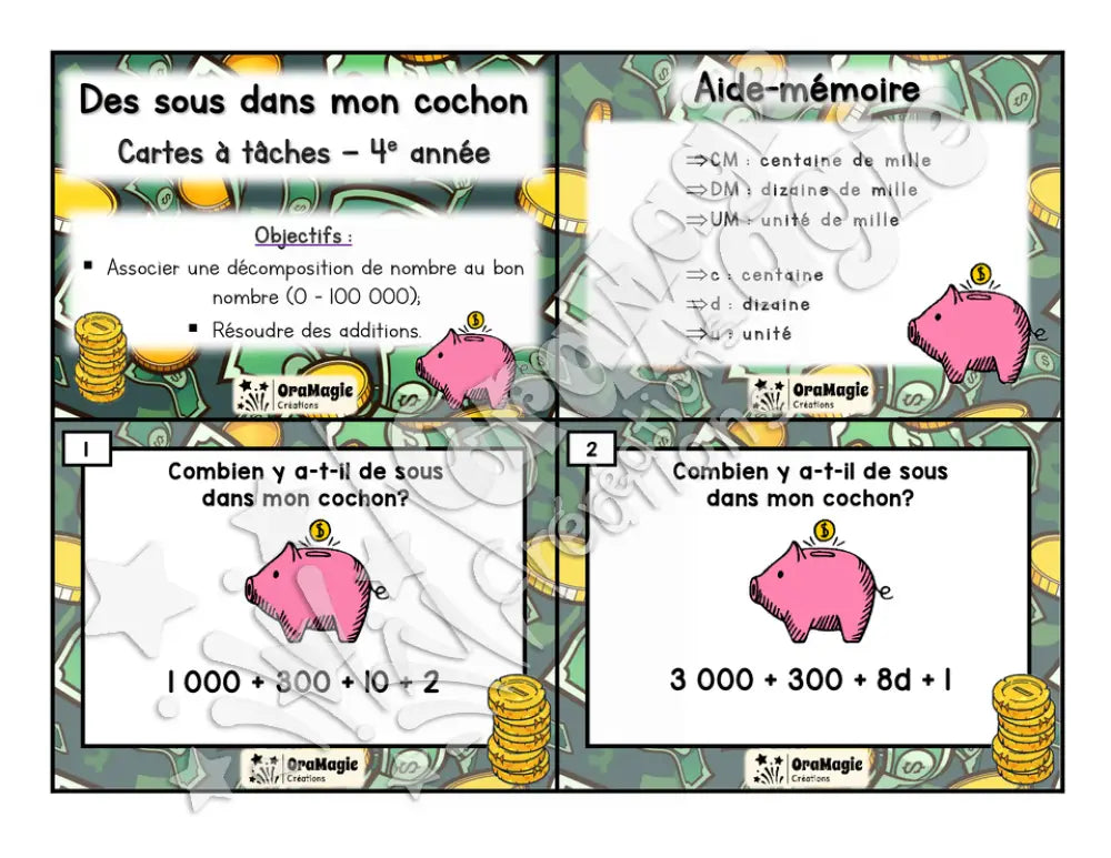 Cartes à tâches - Des sous dans mon cochon - Décomposition de nombres - 4e année - 6$.pdf