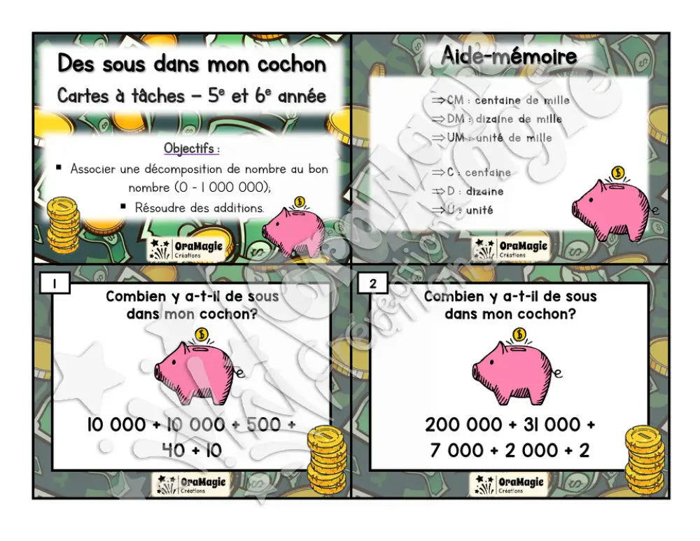 Cartes à tâches - Des sous dans mon cochon - Décomposition de nombres -3e cycle primaire - 5$.pdf