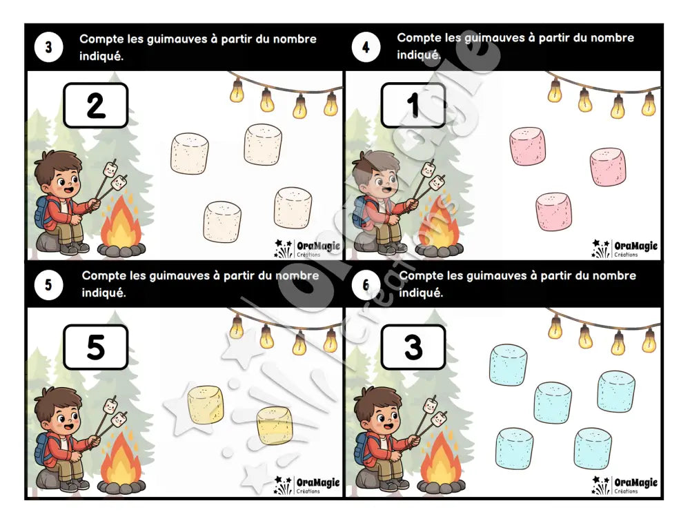 Cartes à tâches - Guimauves grillées - Dénombrer à partir d’un nombre donné 1-12 - 1re année - Produit numérique