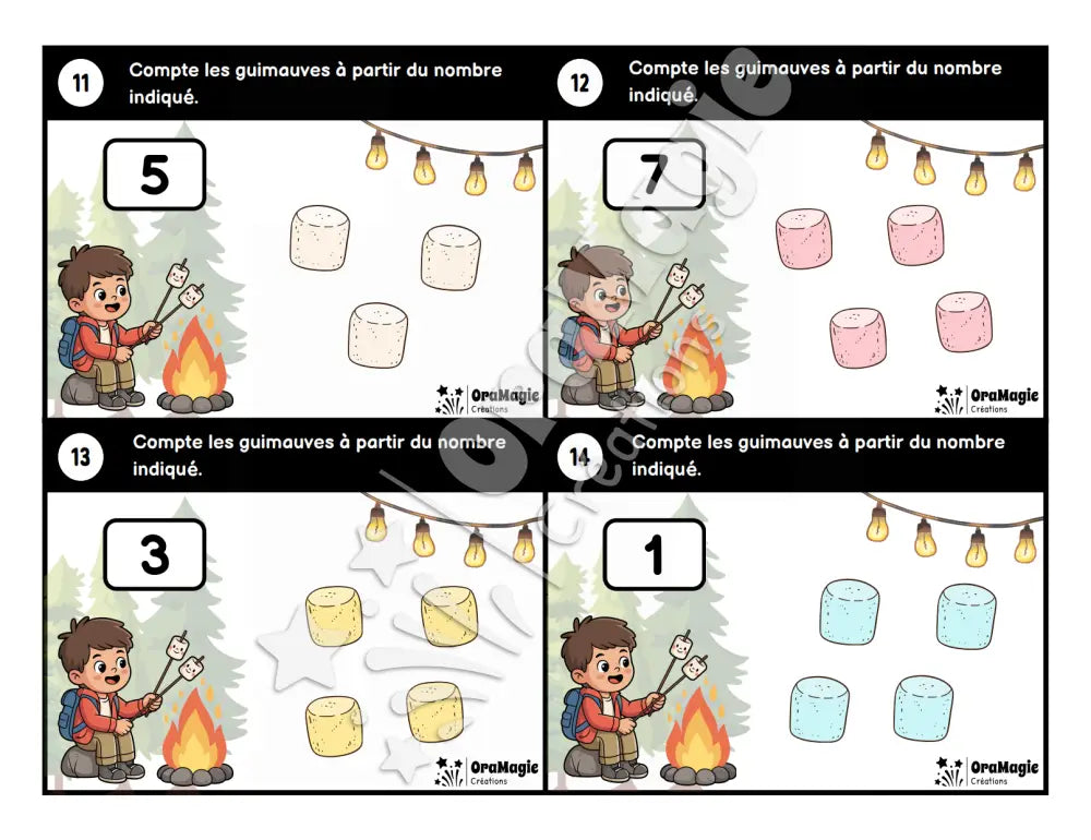 Cartes à tâches - Guimauves grillées - Dénombrer à partir d’un nombre donné 1-12 - 1re année - Produit numérique