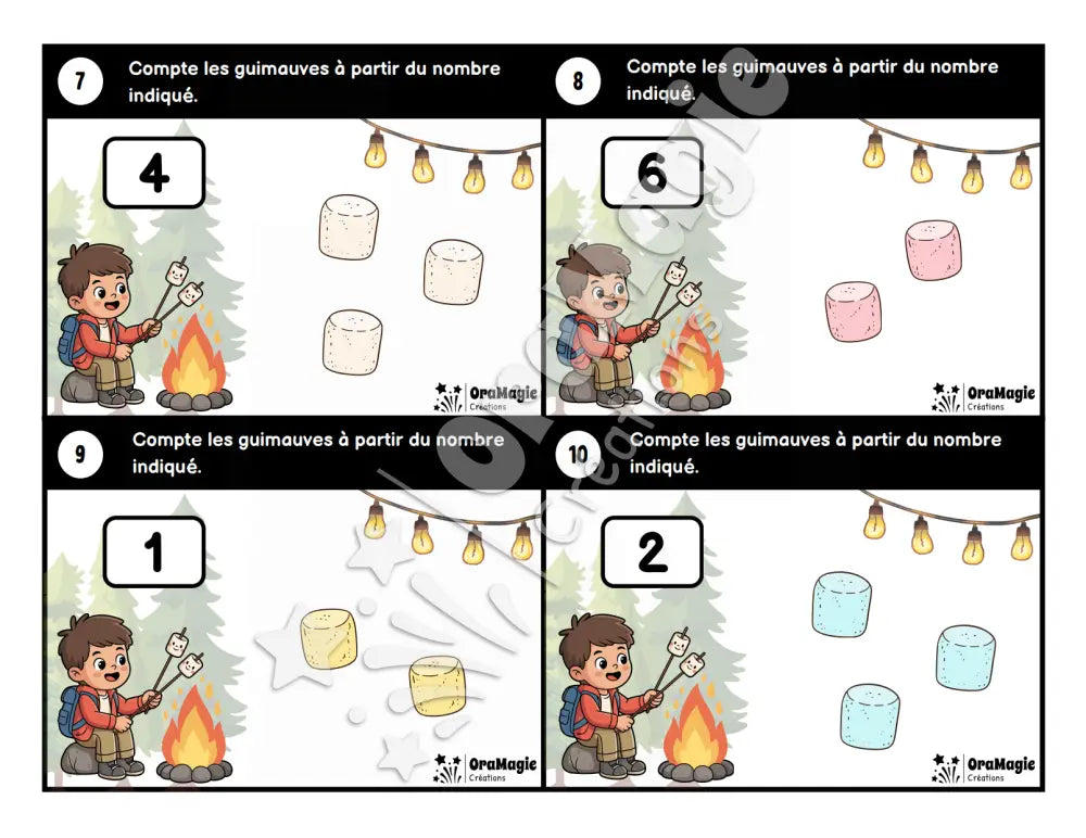 Cartes à tâches - Guimauves grillées - Dénombrer à partir d’un nombre donné 1-12 - 1re année - Produit numérique