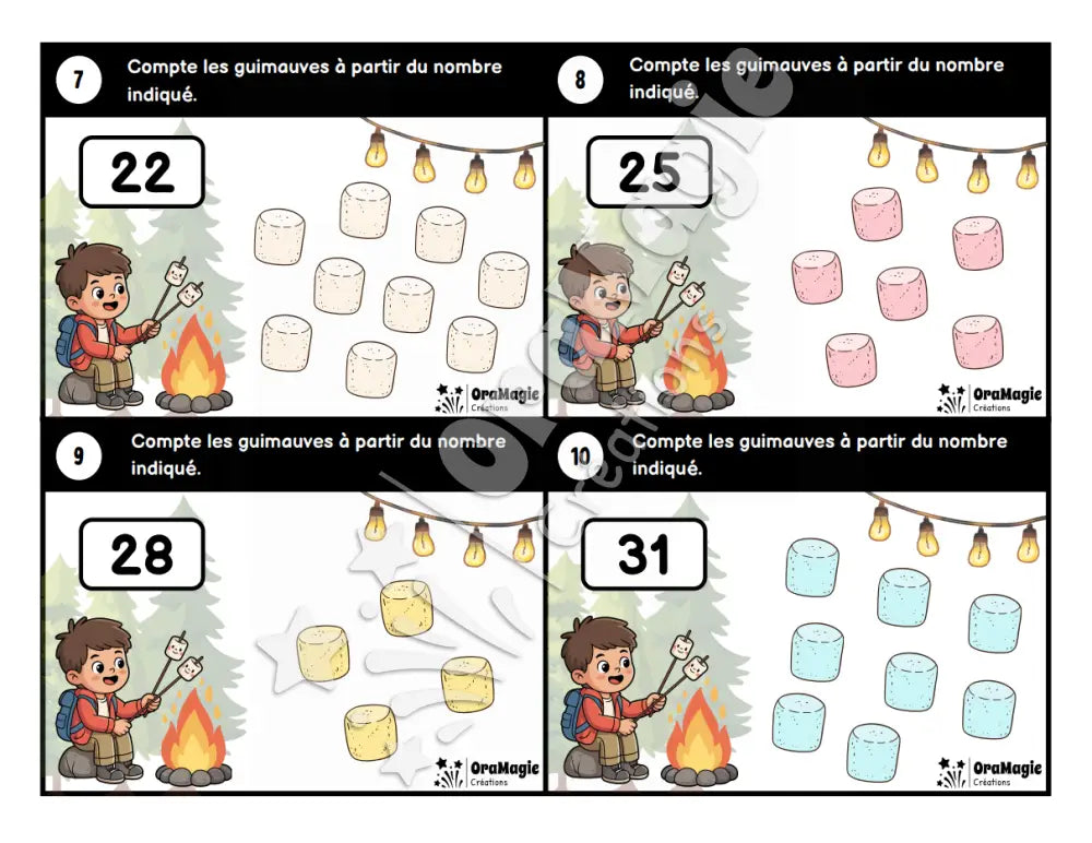 Cartes à tâches - Guimauves grillées - Dénombrer à partir d’un nombre donné 1-99 - 2e année - Produit numérique