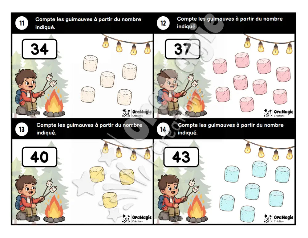 Cartes à tâches - Guimauves grillées - Dénombrer à partir d’un nombre donné 1-99 - 2e année - Produit numérique