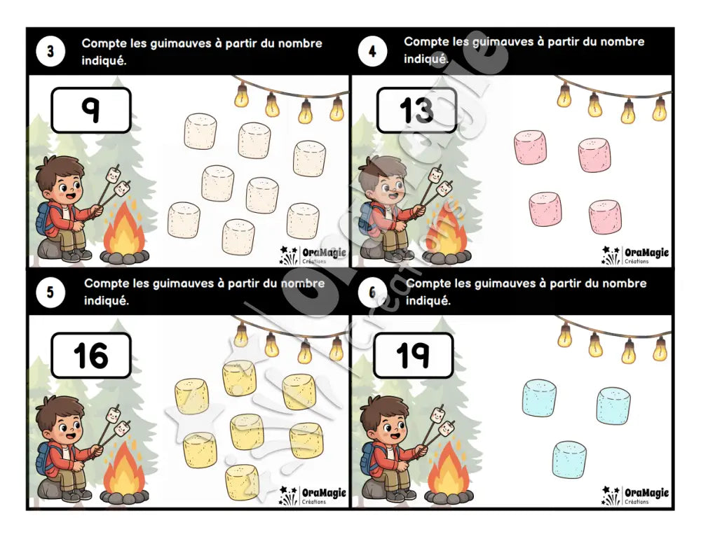 Cartes à tâches - Guimauves grillées - Dénombrer à partir d’un nombre donné 1-99 - 2e année - Produit numérique