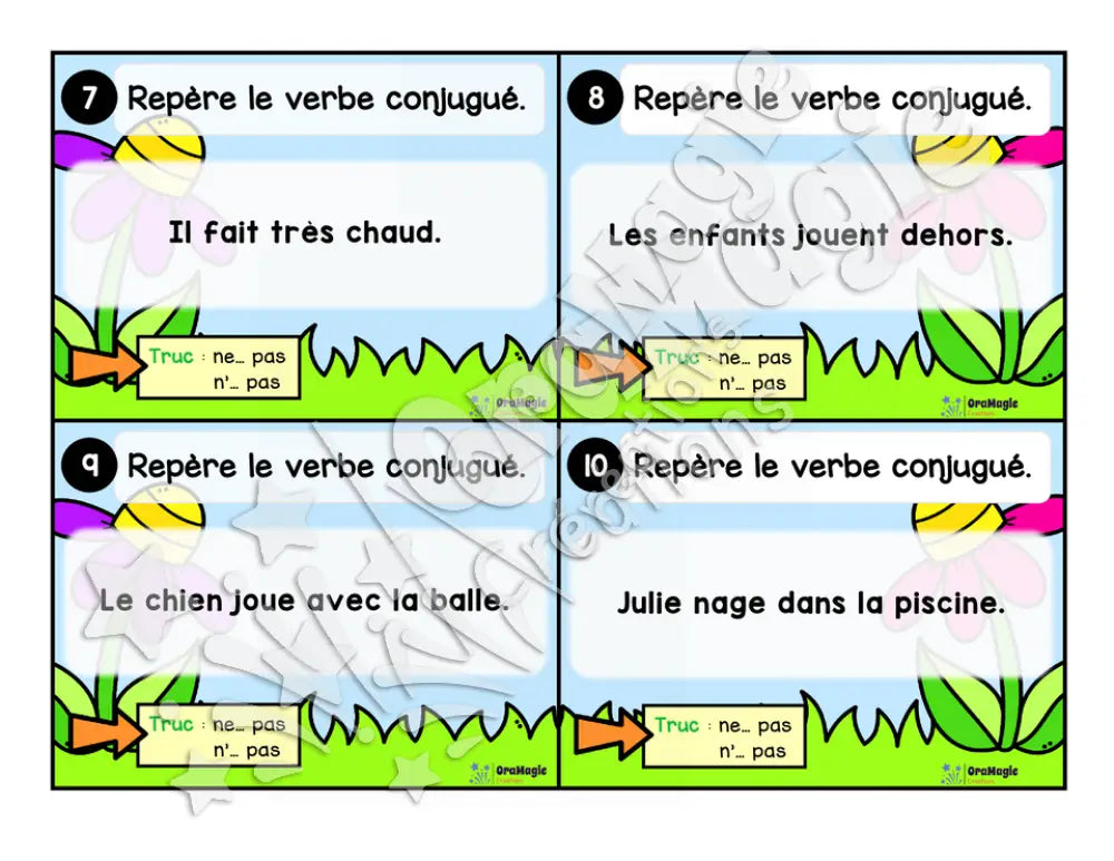 Cartes à tâches - La sortie des verbes - Repérer le verbe conjugué dans une phrase - 1re année