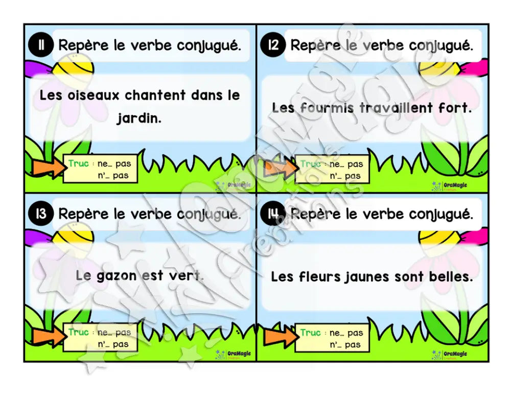 Cartes à tâches - La sortie des verbes - Repérer le verbe conjugué dans une phrase - 1re année